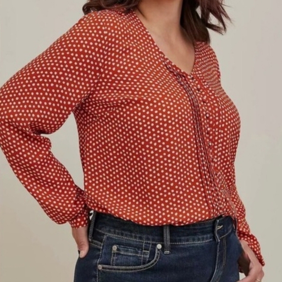 Torrid Office orange blouse with pink polka dot long sleeve blouse size 0 - Picture 1 of 8